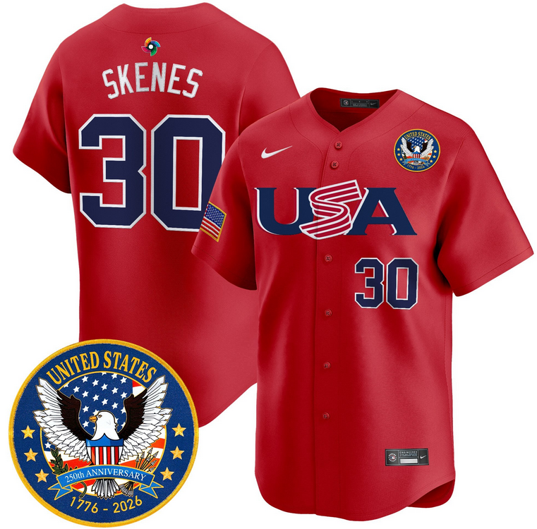 Men Team USA World Baseball Classic 250th Anniversary #30 Skenes red 2026 Roster Patch Vapor Jersey